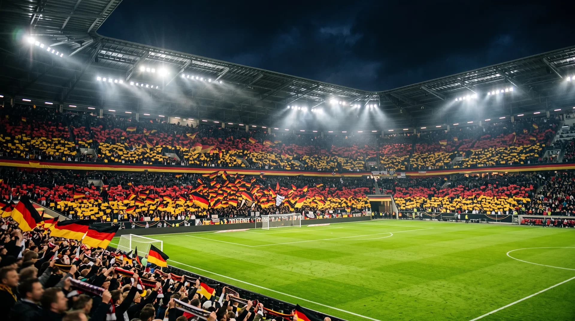 Wide view of a packed football stadium under bright floodlights before kickoff
