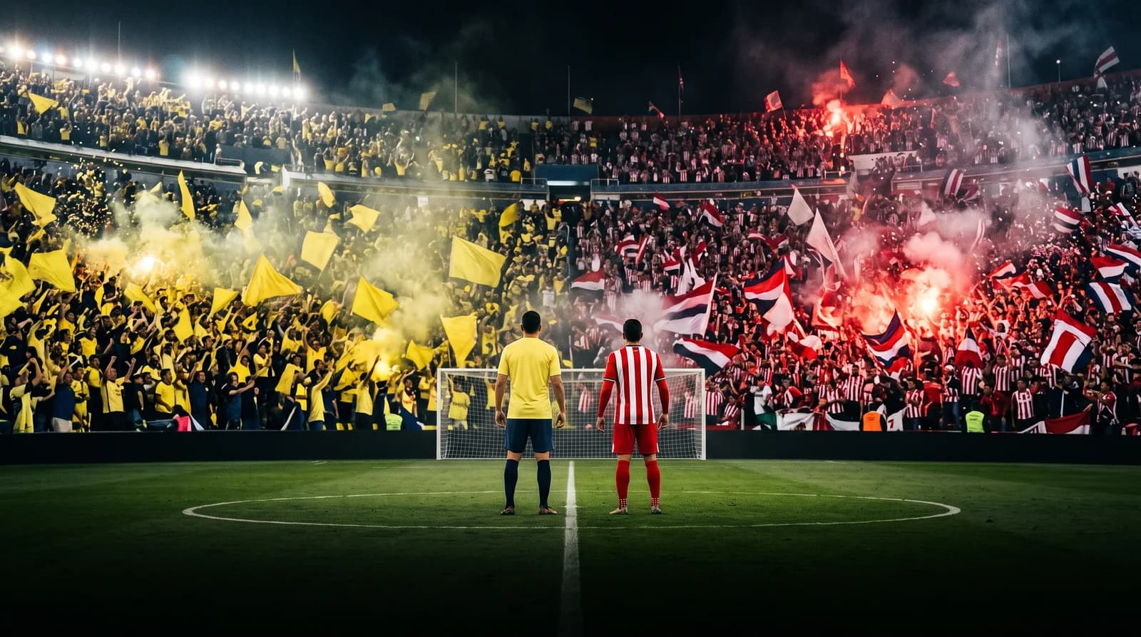 Ambiente de Clásico Nacional: grada amarilla y grada rojiblanca con bengalas y dos jugadores frente a frente
