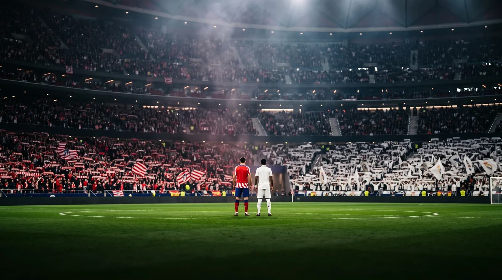 Ambiente de derbi madrileño: grada rojiblanca y grada blanca con dos jugadores en el centro del campo