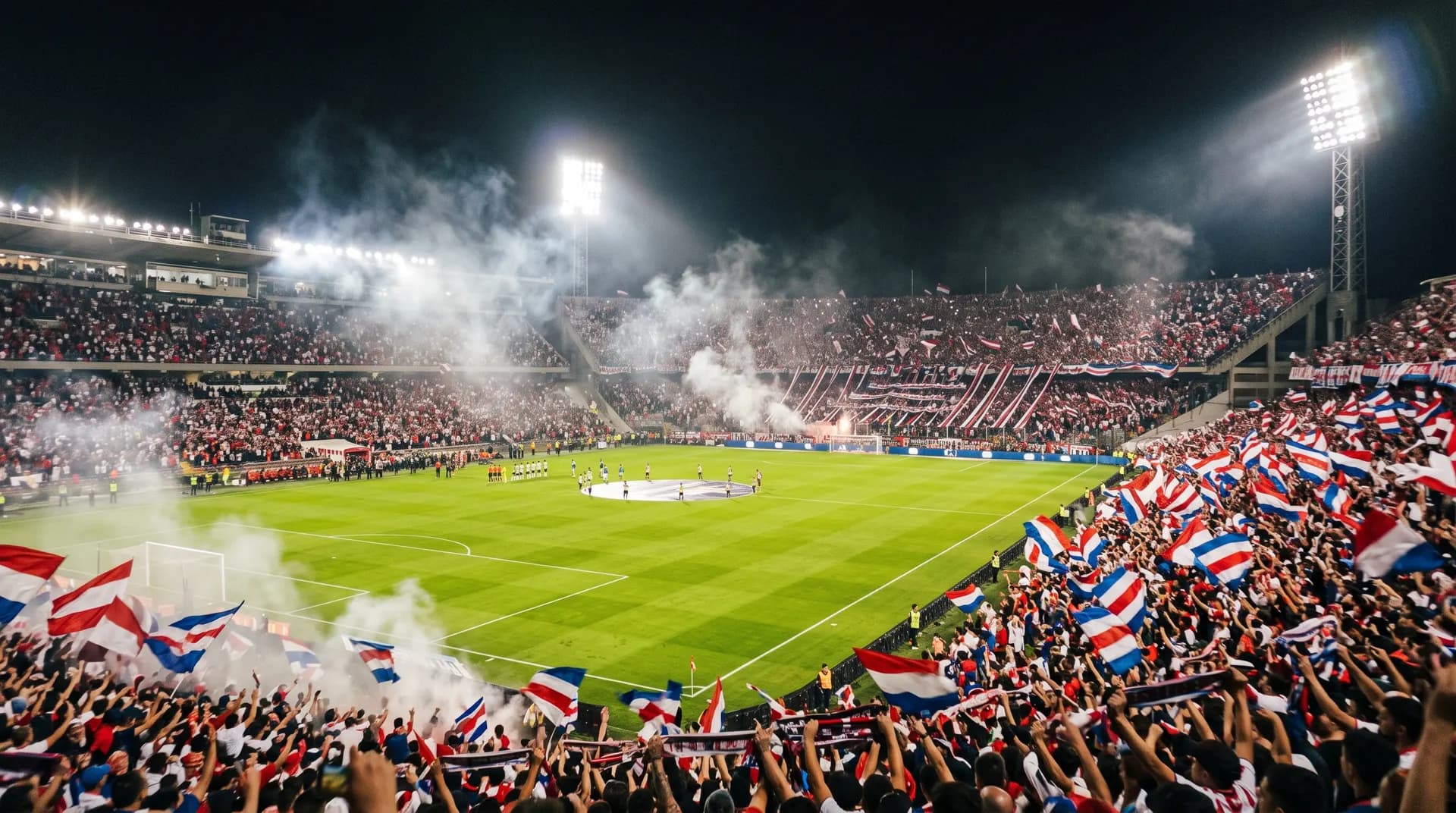 Wide view of an empty football stadium with floodlights on, pitch freshly lined, ahead of kickoff